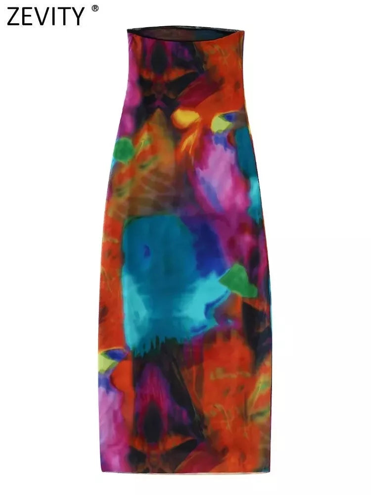 Zevity mujeres Sexy sin tirantes contraste Color Tie Dyed impresión malla vestido a media pierna ajustado Mujer Chic Vestidos de fiesta DS2120