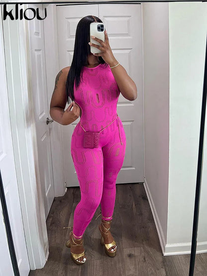 kliou Summer Women Jumpsuit Sexy Hollow Out Half Backless Body-shaping One Piece Clothing Solid Sleeveless Workout Gym Overall