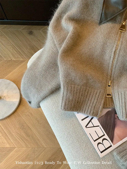 French Vintage Knitted Pullover Women Classical Oversized Sweater Turn-Down Collar Long Sleeve Cardigan Korean Y2K Streetwear