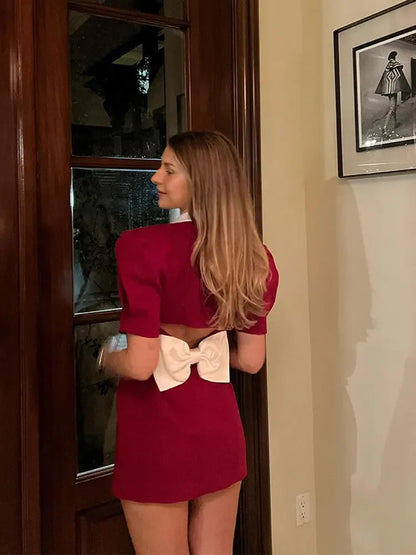 Mini vestido rojo ahuecado sexi con lazo para mujer, cuello vuelto, manga corta, falda acampanada, vestido de fiesta de noche ajustado a la moda para mujer