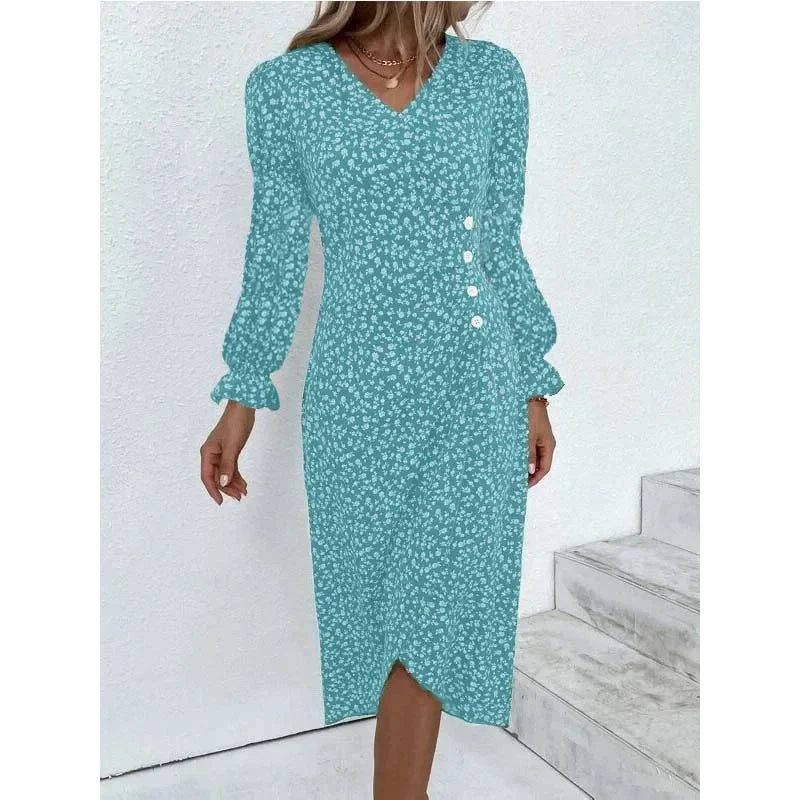 Elegant Floral Pleated H shaped Midi Dress Female V Neck Puff Sleeve Waist Ruched Button Dresses Women Summer Dress Robe