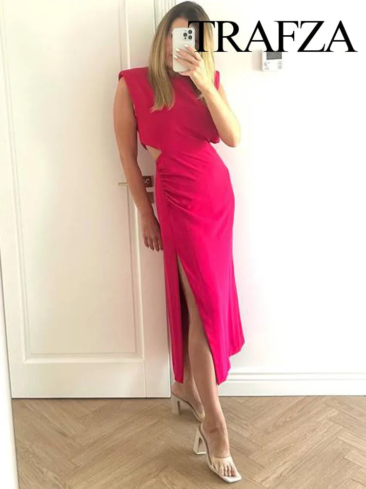 TRAFZA New Cut Out Rose Red Dress Woman Ruched Summer Long Dresses For Women Sleeveless Midi Party Dresses Elegant Evening Dress