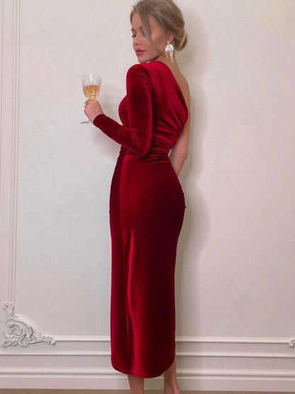 Dulzura Long Sleeve One Shoulder Ruched Velvet Midi Dress Side Slit Bodycon Sexy Party Elegant Clothes Brithday Evening Outfits