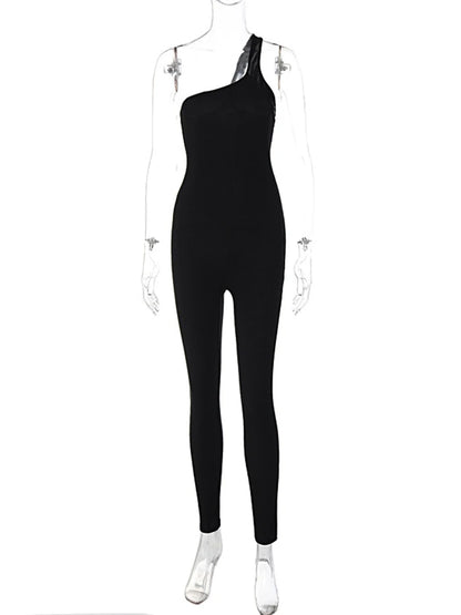 Dulzura Black Sleeveless One Shoulder Ribbed Jumpsuit Women Bodycon Sexy Streetwear Outfits Club Fall Winter Wholesale Rompers