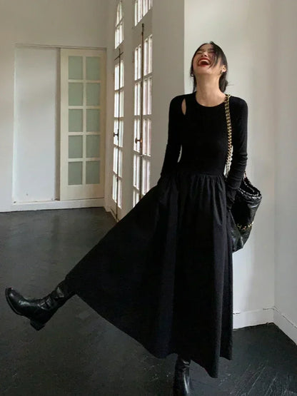 Robe de mariée Maxi en tricot Vintage pour femmes, vêtements col rond, bureau, poches décontractées, moulante, mi-longue, noir, hiver 2023