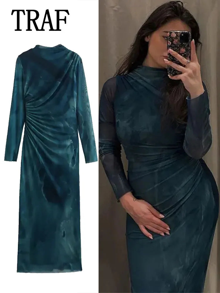 TRAF – robe mi-longue en maille de soie pour femme, manches longues, Vintage, élégante, Slim, automne 2023