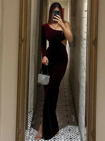 Dulzura Solid Long Sleeve One Shoulder Velvet Maxi Women Cut Out Side Slit Outfits Bodycon Party Elegant Clothes Evening 2023