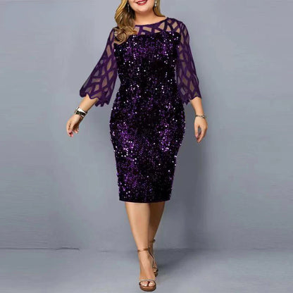 Elegant Sequin Plus Size 4XL 5XL Women Midi Dress Sexy Casual Evening Party Dresses Gown Wedding Luxury Robe Rouge Vestidos