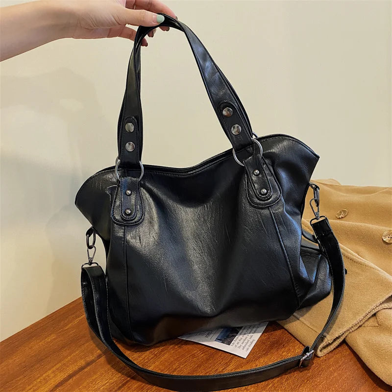 Big Black Shoulder Bags for Women Large Hobo Shopper Bag Solid Color Quality Soft Leather Crossbody Handbag Lady Travel Tote Bag