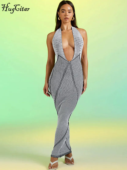 Hugcitar – robe longue à rayures, imprimé, dos nu, à bandes, Sexy, Slim, Maxi, élégante, mode, vacances, Rave, tenue de fête, été, 2023