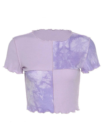 Chic Crop Tops Tees Tie Dye With Sequin Patchwork Women Summer T-shirts Ruffles Hem Purple Or Bule Clothes