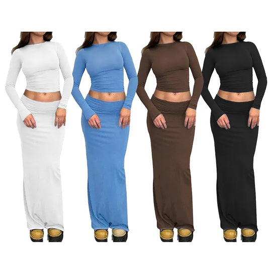 CUTENOVA – ensemble deux pièces pour femmes, couleur unie, col rond, manches longues, jupe mi-longue, Slim, décontracté, ensemble deux pièces, automne 2023