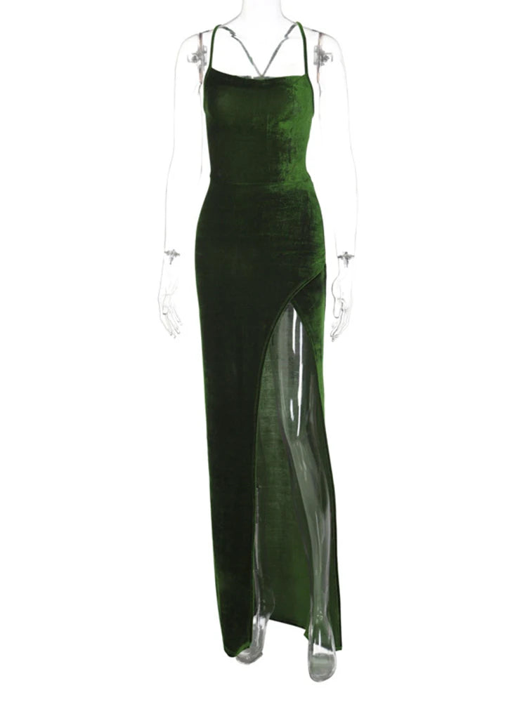 Dulzura – robe Maxi à lacets en velours vert pour femmes, tenue de bal élégante, dos nu, fente latérale, dos nu, Sexy, tenue de bal, élégante, fête d'anniversaire