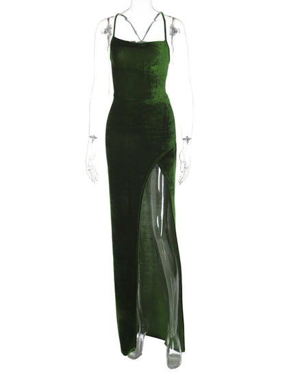 Dulzura Lace Up Green Velvet Strap Maxi Dress For Women Side Slit Backless Bodycon Sexy Prom Dress Outfit Elegant Birthday Party