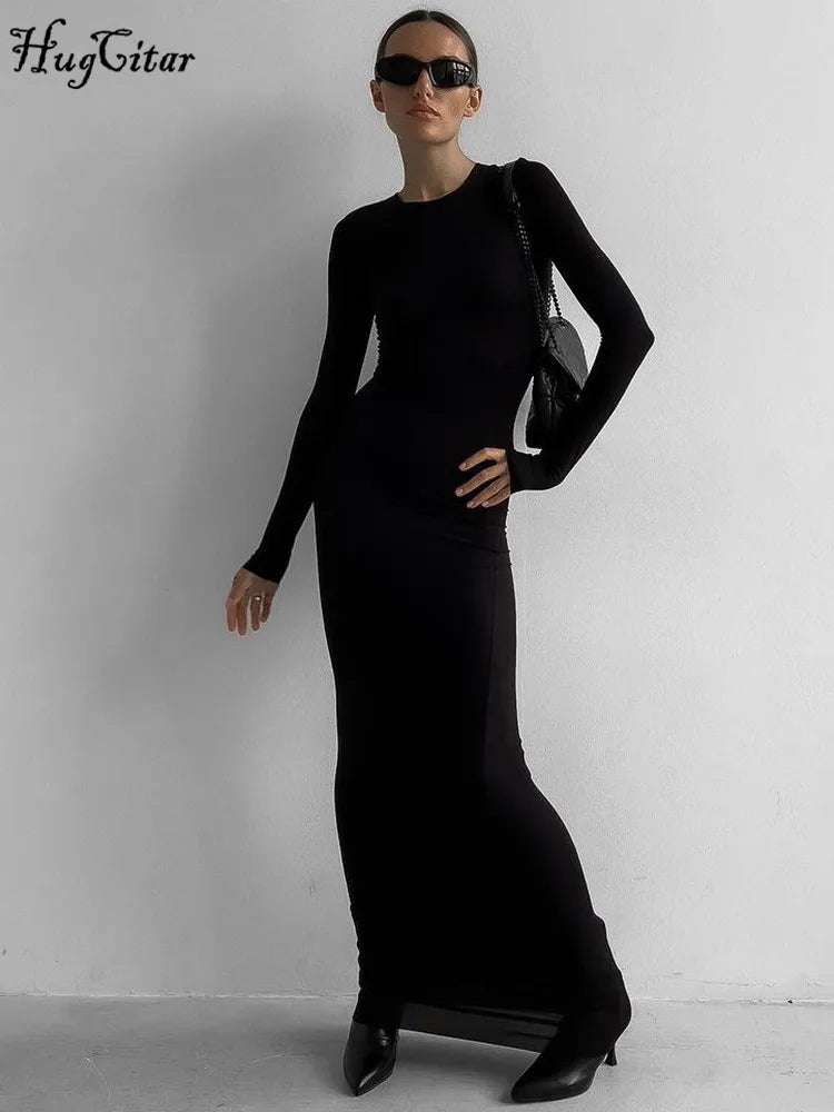 Hugcitar Mujeres Elegante Sólido Manga Larga Sexy Bodycon Slim Maxi Vestido De Fiesta 2023 Otoño Moda Traje Boda Cumpleaños Vacaciones Y2K