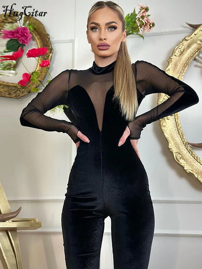 Hugcitar Velvet Long Sleeve Patchwork Mesh Zip Up See Through Sexy Bodycon Jumpsuit Winter Women Fashion Party Nightclub Romper