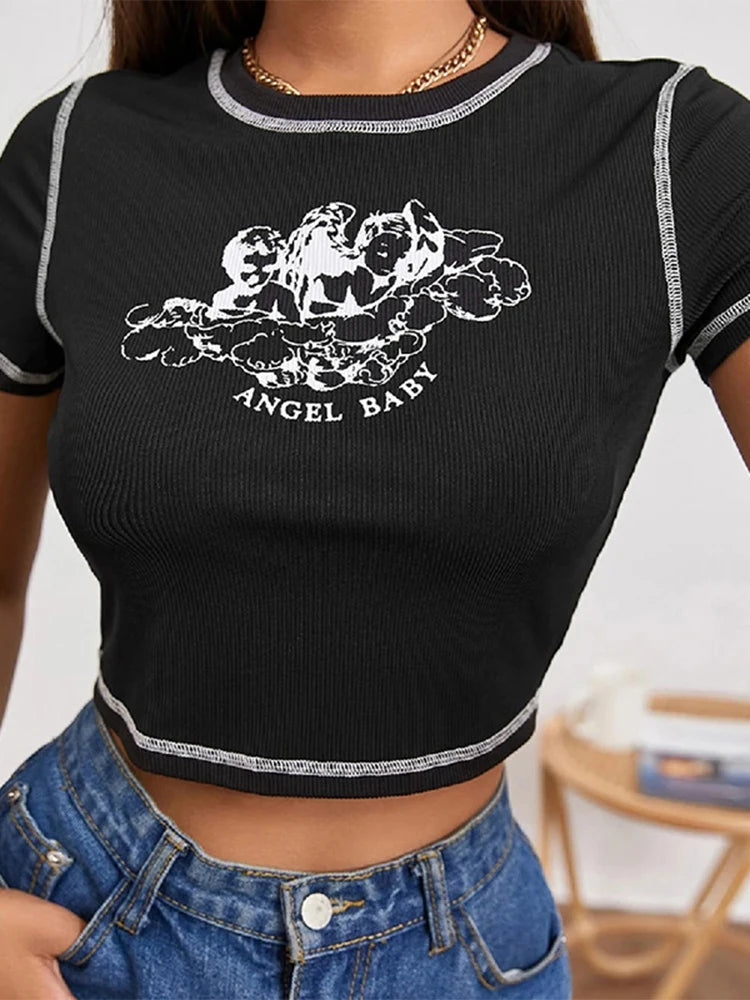 Camiseta elegante con estampado de letras de Ángel para mujer, camisetas cortas informales salvajes de manga corta con cuello redondo y puntadas en contraste para verano