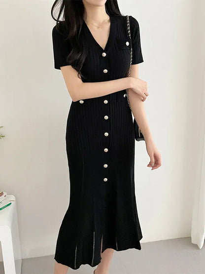 Vestido Midi de verano para mujer, vestido negro tejido ceñido al cuerpo con volantes de estilo coreano, vestido informal elegante a la moda para mujer 2023