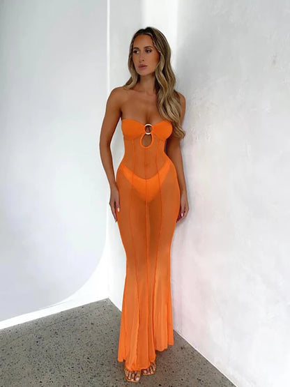 kliou Summer Women Mesh Wrapped Chest Dress Sexy See Through Cut Out Slim Coquette Vacation Beach Style Robe Girls Party Vestido