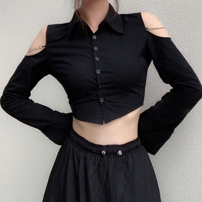 WhereMery OL-Blusa negra con hombros descubiertos para mujer, cárdigan Sexy con cuello tipo Polo, Tops cortos, ropa ajustada de manga larga para ocasiones formales