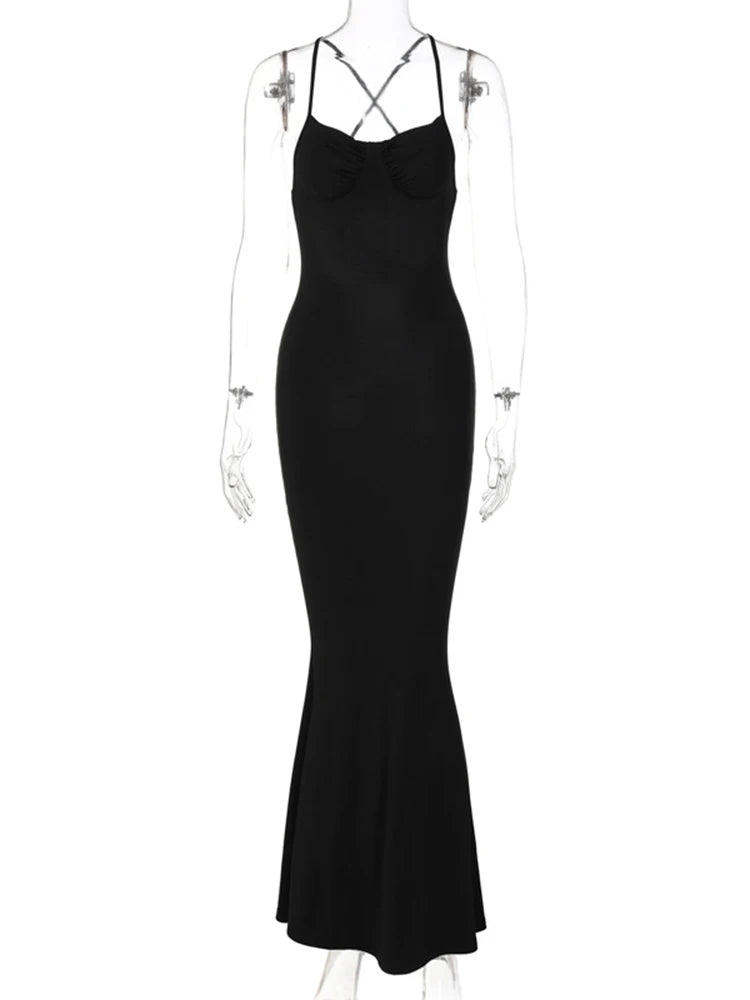 Dulzura – robe longue noire unie, dos nu, moulante, Sexy, Slim, Maxi, tenue de soirée, boîte de nuit, articles d'été, vente en gros