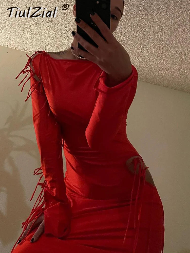 TiulZial rojo ahueca hacia fuera el vendaje elástico vestido Midi Sexy 2023 Club fiesta vestido ajustado de manga larga mujeres evento ropa de dormir trajes