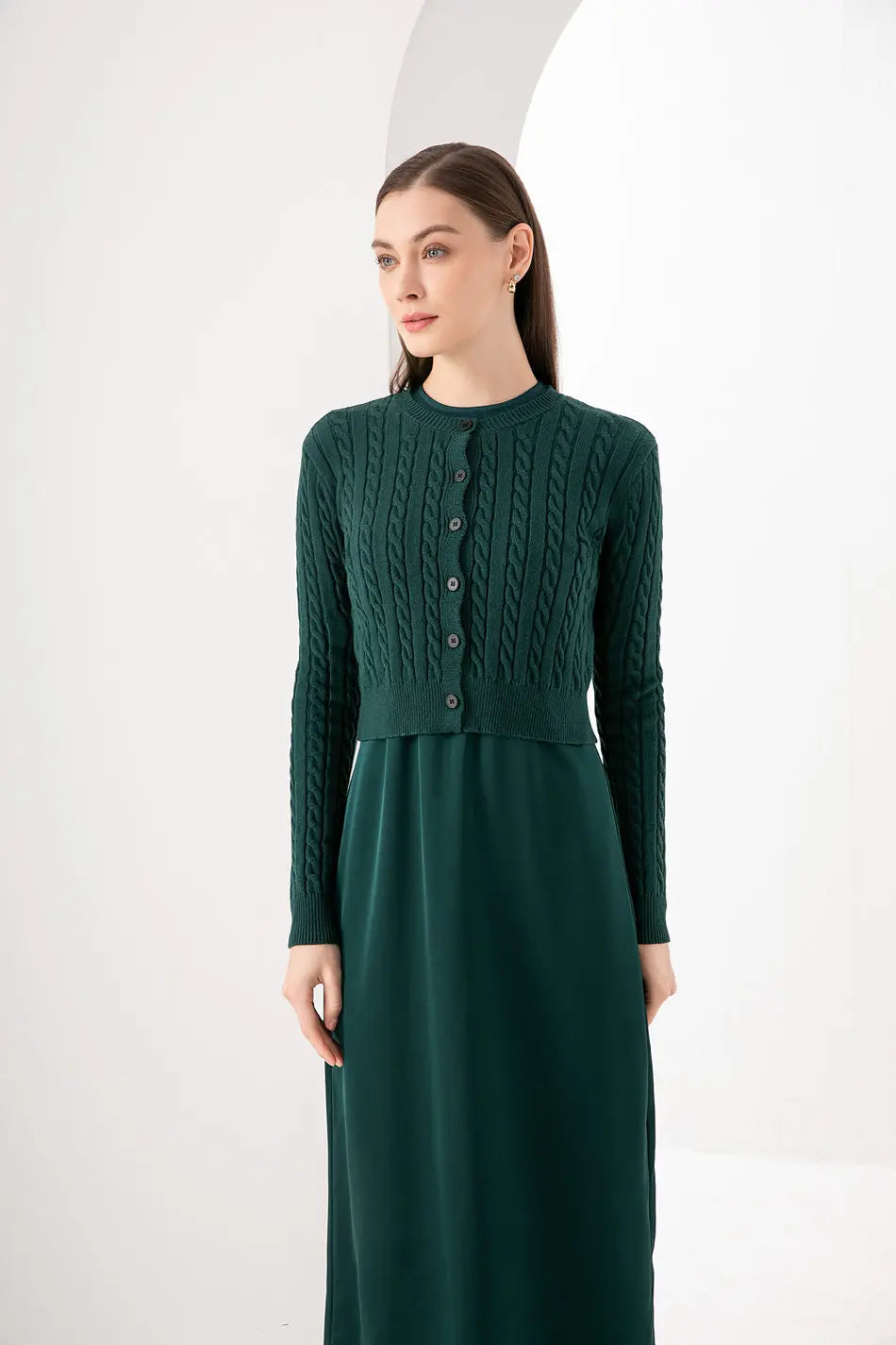 AS woman clothes maxi satin dress / knitted rib dress + knitted cable cardigan Autumn Winter collection