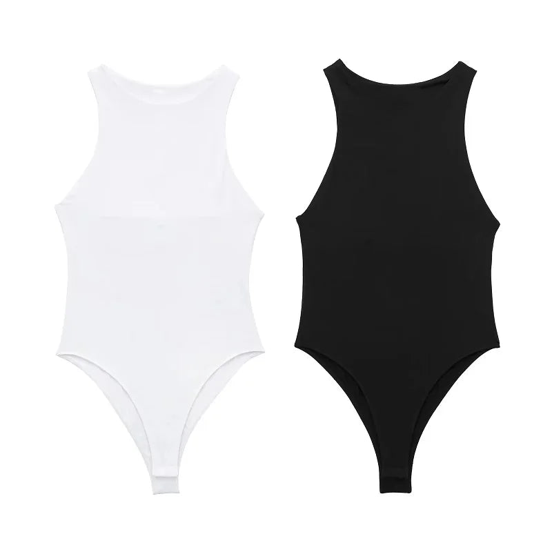 TRAF-Body blanco y negro de una pieza para mujer, mono con Tanga, pelele para mujer sin mangas, mono corto para mujer