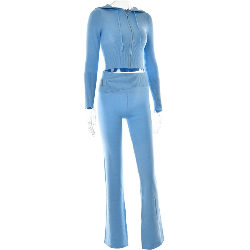 Ensemble tricoté 2 pièces pour femme, survêtement, manches longues, fermeture éclair, pull à capuche, veste, haut court, pantalon évasé, costume assorti extensible