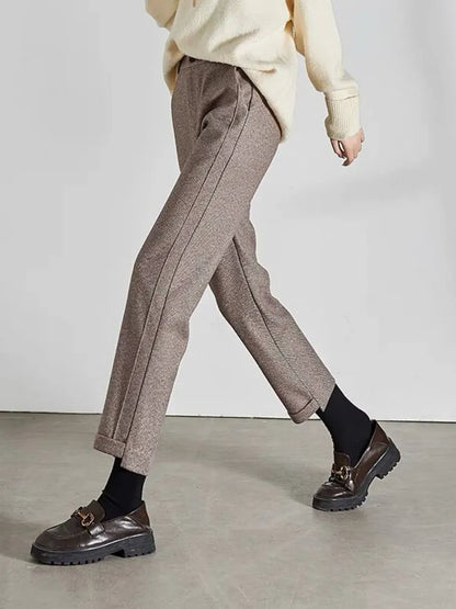 Pantalones rectos de Tweed de cintura alta para mujer, pantalón corto grueso y cálido, holgado, informal, en espiguilla, otoño/invierno, 2023