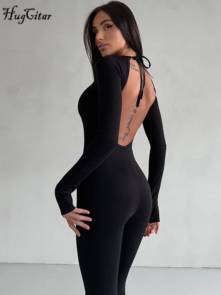 Hugcitar Black O Neck Backless Lace Up Sexy Bodycon Skinny Jumpsuit Winter Women Fashion Nightclub Work Out Romper Overalls Y2K