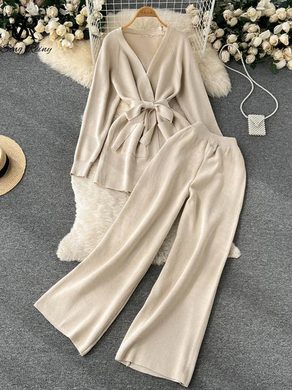 SINGREINY Winter Casual Two Pieces Suits Long Sleeve Knitted Cardigan Coat+Elastic Waist Wide Leg Pant Female Loose Sweater Sets