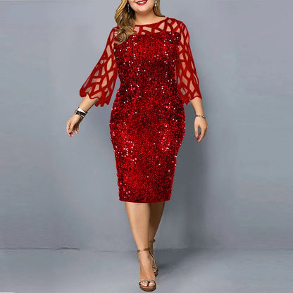 Elegant Sequin Plus Size 4XL 5XL Women Midi Dress Sexy Casual Evening Party Dresses Gown Wedding Luxury Robe Rouge Vestidos