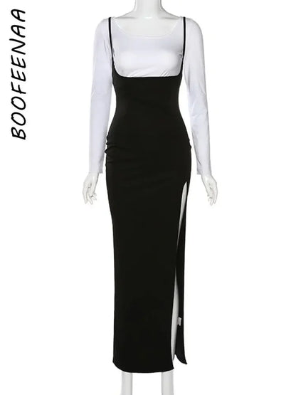 BOOFEENAA Sexy Black High Waisted A Line Suspender Skirts Womens Spring Summer 2023 Women High Split Long Maxi Skirt C83-BZ23