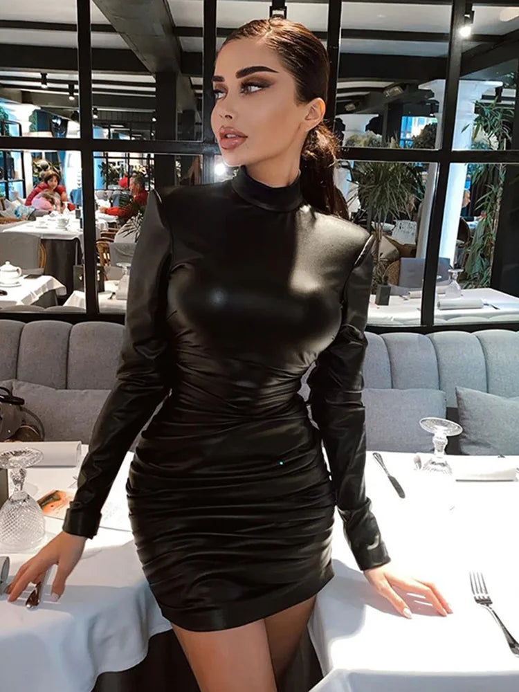 Hugcitar Pu Leather Black Draped Elegant Sexy Bodycon Skinny Mini Dress 2023 Fall Winter Women Outfits Birthday Party Festival