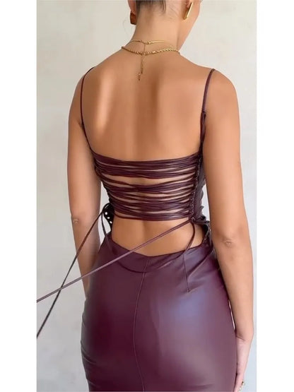 Synthetic Leather Backless Bandage Midi Dress Women Elegant Banquet Party Formal Vestidos Christmas Night Club Outfits Robes