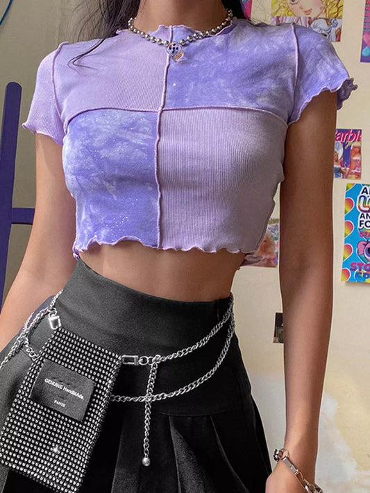 Chic Crop Tops Tees Tie Dye With Sequin Patchwork Women Summer T-shirts Ruffles Hem Purple Or Bule Clothes