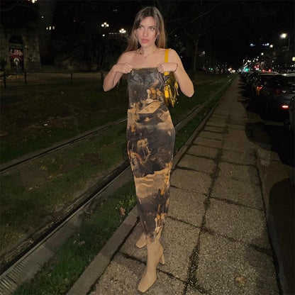 CUTENOVA Sexy Strapless Oil Painting Printing Mesh Slim Midi Dress Female Chic Brand Party Vestidos