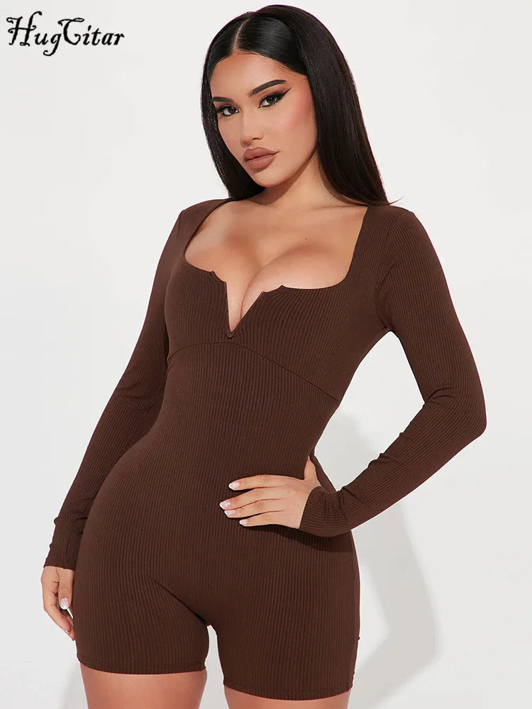 Hugcitar Ribbed V Neck Long Sleeve Solid Sexy Bodycon Skinny Playsuit 2023 Fall Fashion Streetwear Exercise Romper Overalls Y2K