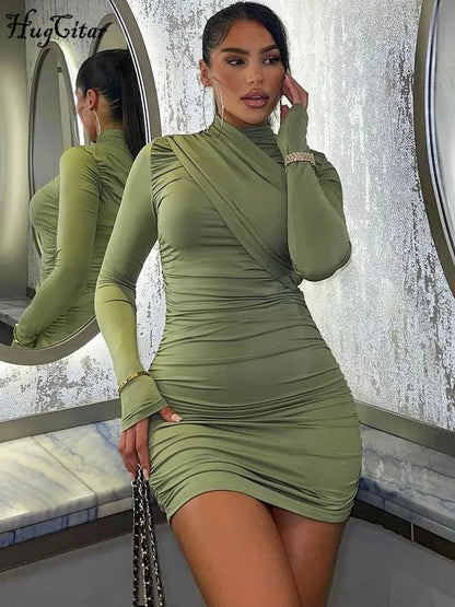 Hugcitar Autumn Women Elegant Solid Long Sleeve Ruched Sexy Slim Bodycon Mini Prom Dress Fashion Clothes Birthday Party Club Y2K