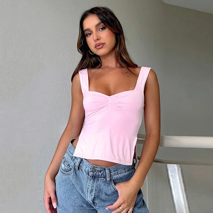 CUTENOVA-Camiseta sin mangas con cuello cuadrado para mujer, Tops cortos ajustados con abertura, camisola informal elegante sin espalda y sin mangas, verano 2023 Y2K de doble capa