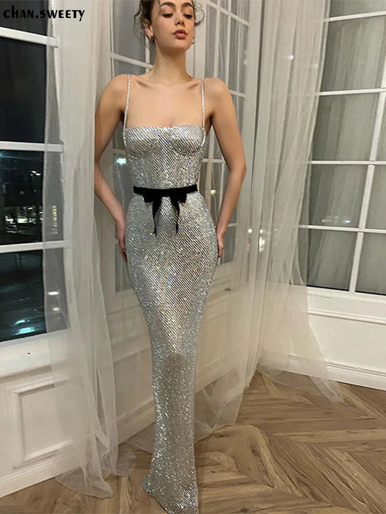 Sexy Sequin Sling Silver Maxi Dress For Women Fashion High Waist Sleeveless Bodycon Robe Female Evening Prom Party Vestidos