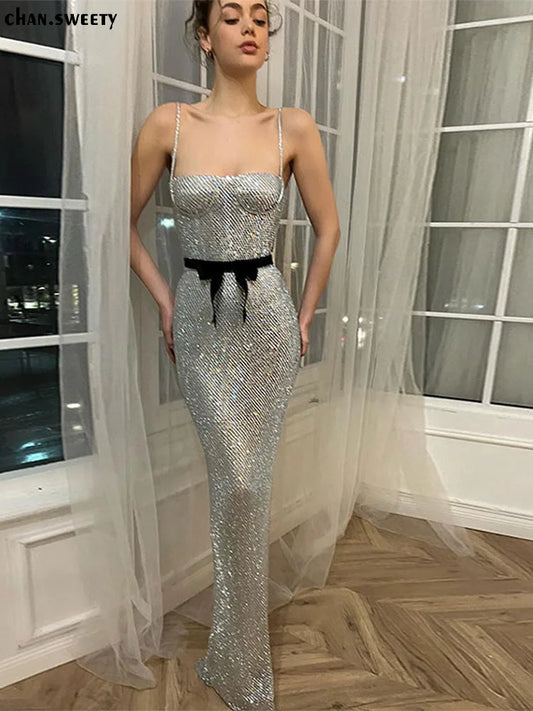 Sexy Sequin Sling Silver Maxi Dress For Women Fashion High Waist Sleeveless Bodycon Robe Female Evening Prom Party Vestidos