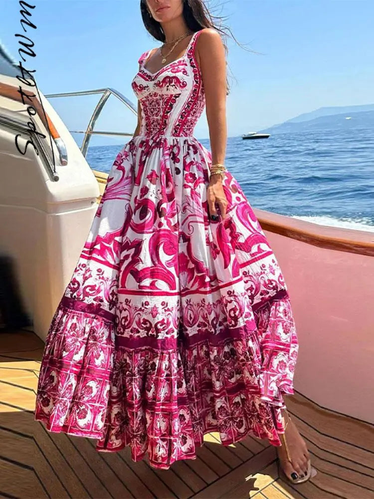 Vestido Sexy con tirantes estampado para mujer, Vestido a la moda con cuello en V y Espalda descubierta, cintura alta, Vestido Midi de vuelo grande, batas elegantes para vacaciones de verano para mujer