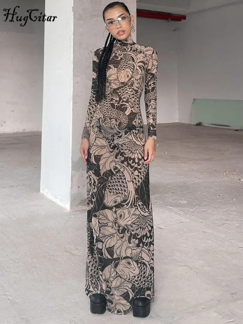 Hugcitar – robe longue à col roulé et manches longues, imprimé graphique, Sexy, moulante, Maxi, mode automne-hiver 2023, vêtements de fête et de vacances pour femmes, Y2K