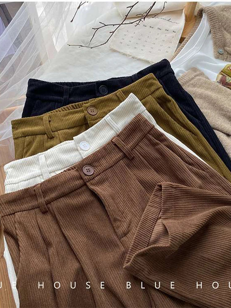 ZOKI, pantalones de pana Retro de cintura alta para mujer, Pantalones rectos informales de otoño, Pantalones largos Vintage con bolsillos de café, pantalones que combinan con todo, nuevos