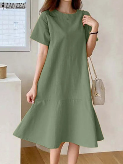 ZANZEA Female O-Neck Zipper Short Sleeve Sundress Summer Woman Solid Dress Stylish Elegant Work OL Vintage Loose Midi Dresses