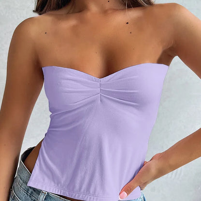 CUTENOVA Summer Ins Solid Square Collar Strapless Backless Top Women 2023 Folds Shrring Bottom Slits Slim  Crop Top