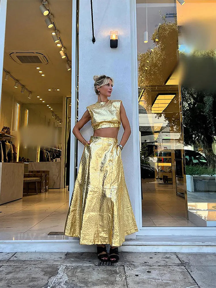 Fashion Gold Sequins Skirt Two Piece Set  Women Sparkle Shoulder Padded Cropped Tops Long High Waist Skirts Lady Evening Outfit