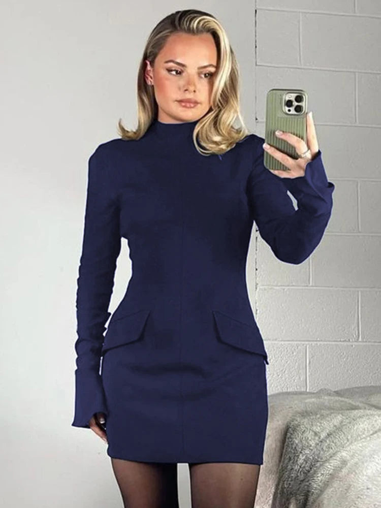 Dulzura Long Sleeve Pocket Mini Dress Women Bodycon Sexy Streetwear Party Elegant Clothes Solid Short Dress 2024 Spring Summer